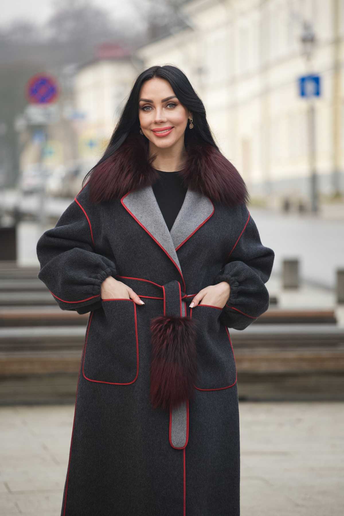 Купить пальто из кашемира с мехом лисы KARLA